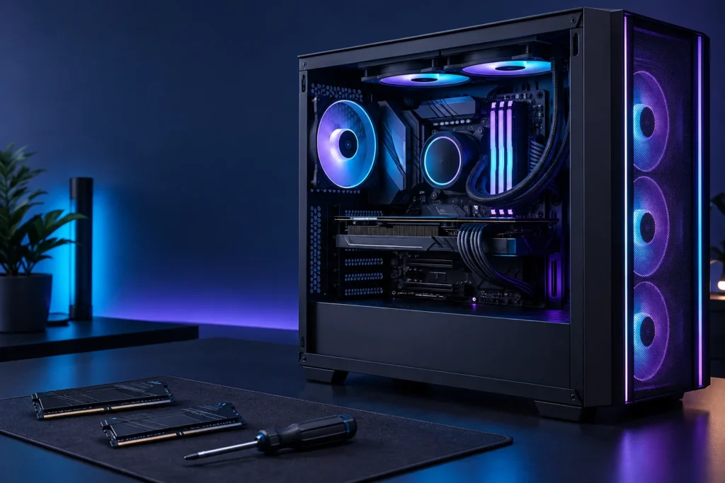 Illustration of a custom gaming PC with cyan and violet lighting